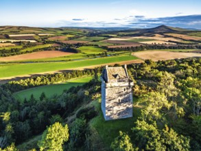 Fatlips Castle from a drone, Minto Crags, River Teviot, Roxburghshire, Scottish Borders, Scotland,