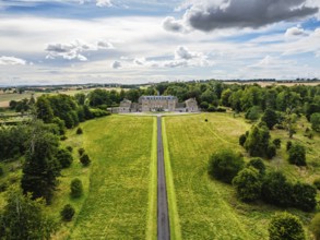 Marchmont House and garden from a drone, Marchmont Estate, Greenlaw, Berwickshire, Duns, Scotland,