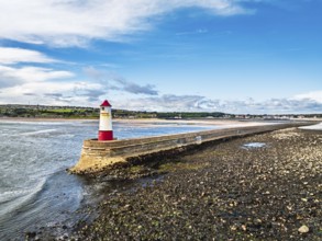 Berwick Pier and Lighthouse from a drone, Berwick-upon-Tweed, England, United Kingdom