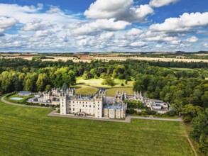 Floors Castle and garden from a drone, Duke of Roxburghe, Roxburghshire, Scotland, UK