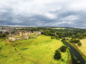 Alnwick Castle from a drone, Alnwick, Northumberland, England, United Kingdom