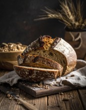 Rustic loaf of whole grain bread, fresh baked, close up of bread on dark wooden table, golden rust,