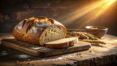 Rustic loaf of whole grain bread, fresh baked, close up of bread on dark wooden table, golden rust,