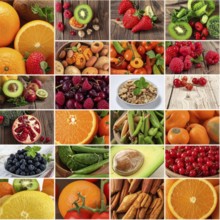 Food collage of various biological and organic fruits and vegetables, fresh healthy lifestyle, with