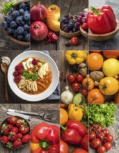 Food collage of various biological and organic fruits and vegetables, fresh healthy lifestyle, with