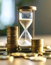 Hourglass and stacked golden coins, illustrating currency fluctuation and time impact commodities