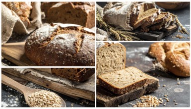 Collage of rustic loaf of whole grain bread, bread on dark rustic wooden table, great variety of