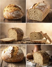 Collage of rustic loaf of whole grain bread, bread on dark rustic wooden table, great variety of