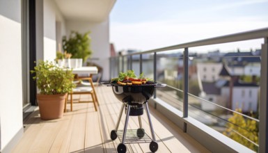 Cooking vegetables on grill on the balcony, healthy lifestyle, vegetarian barbeque, leisure time in