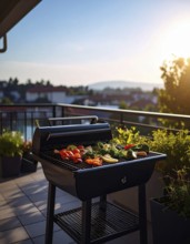 Cooking vegetables on grill on the balcony, healthy lifestyle, vegetarian barbeque, leisure time in