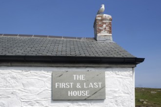 Sign on a white house with a seagull on the chimney, Land's End, Cornwall, Great Britain