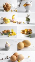 Collage of easter symbols, rabbit, fresh blooming flowers, bird's nest, colored easter eggs,