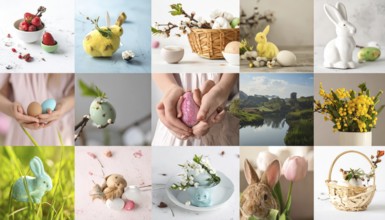 Collage of easter symbols, rabbit, fresh blooming flowers, bird's nest, colored easter eggs,