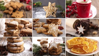 Collage of Christmas cookies and sweets, variation of sweet desserts, lots of unhealthy calories,