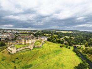 Alnwick Castle from a drone, Alnwick, Northumberland, England, United Kingdom