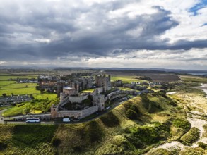 Bamburgh Castle from a drone, Northumberland, Northeast Coast, England, United Kingdom