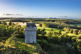 Fatlips Castle from a drone, Minto Crags, River Teviot, Roxburghshire, Scottish Borders, Scotland,