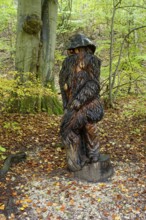 Wooden sculpture Der Pelzmichel, Pfullinger Sagenweg, stories and legends, by woodsaw artist Billy