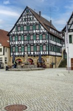 Historic half-timbered houses and market fountains, market square, Pfullingen, Baden-Württemberg,