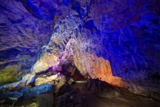 Coloured lighting, fog cave, stalactite cave in the Swabian Jura, stalactites, stalactite forest,