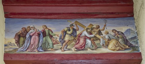 Fresco carrying the cross, Kalkweiler Gate, city gate with tower, built in the early 14th century,