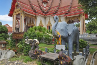 Ritual images Sculptures figures of Indian elephant in front of buildings in Wat Chalong Buddhist