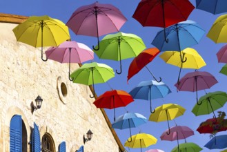 Jerusalem, Israel, Nahalat Shiva tourist promenade and colorful umbrella street of Old City