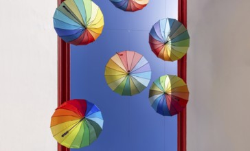 Argentina, Buenos Aires, Colourful Umbrella street in San Telmo district known for its boutiques,