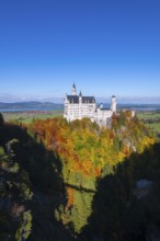 The fairytale Neuschwanstein Castle towers over autumn-colored trees against a clear blue sky,