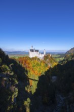 The majestic Neuschwanstein Castle surrounded by autumn-colored trees under a bright blue sky,