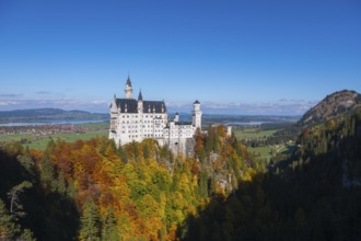 The magnificent Neuschwanstein Castle is enthroned over colorful forests with a bright blue sky,