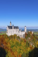 The fairytale Neuschwanstein Castle towers over an autumnal forest in front of vast landscapes,