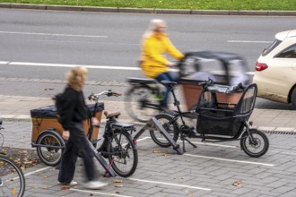Parking lot for cargo bikes at Düsseldorf-Bilk station, past, North Rhine-Westphalia