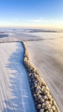 Bird Eye Perspective of Frost Covered Farmland. Seasonal Agricultural Scenery, winter and autumn