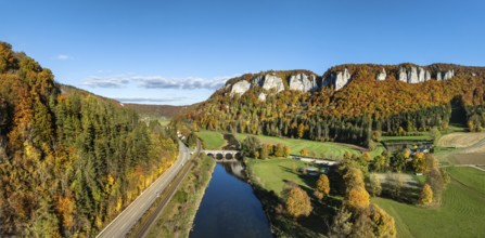Aerial view, panorama of the Upper Danube Valley, surrounded by autumn vegetation with the