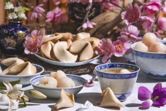 Lychee, lychee wine and fortune cookies in Asian tableware surrounded by blossoms