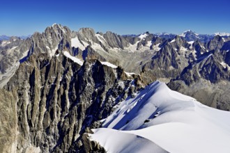 View from the Aiguille du Midi mountain station observation deck of the mountains Aiguille Vert,