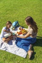 Mother and daughter enjoying a summer picnic in a lush green park, sharing healthy food, fruit, and