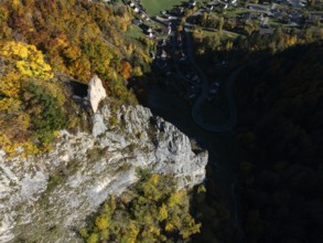 Aerial view of the viewpoint, shovels and Hausen Castle, also known as the Hausen ruins, surrounded