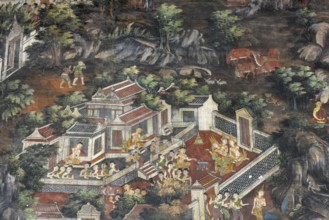 Exquisite wall paintings, interior view of Phra Ubosot or ordination hall, Wat Suthat Thepwararam,