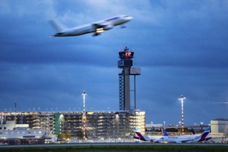 Airplane taking off from Düsseldorf Airport, Air Traffic Control Tower, North Rhine-Westphalia,