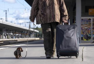 Traveler with trolley and dachshund on a leash, on a platform at Essen Central Station, North