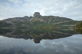 Steigtindvatnet, the majestic Steigtinden reflected in the silent lake, Norway near Bodø