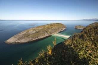 Sunny day and turquoise blue sea at Hovdsundet near Bodø, Nordland, Norway