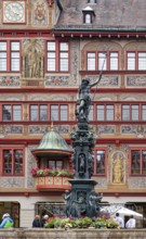 Market square with town hall and Neptune fountain with Neptune and trident from the Renaissance,