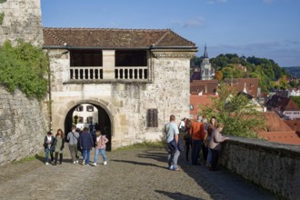 Lower castle gate with view of the old town, Hohentübingen Castle, Tübingen, Baden-Württemberg,
