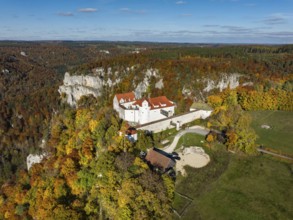 Aerial view of Wildenstein Castle near Leibertingen, surrounded by autumn vegetation, Upper Danube