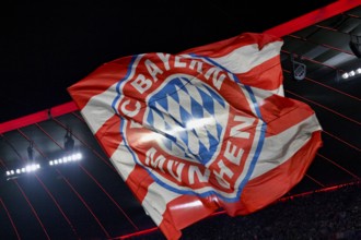 Flag, flying under stadium roof, logo FC Bayern Munich, FCB, Champions League, Allianz Arena,
