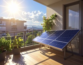 Sunlight Glinting Off Solar Panels on Contemporary Apartment Balcony, energy solution, concept of