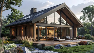 Modern Extension on a Traditional Cottage with Glass and Wood Architecture, green garden with